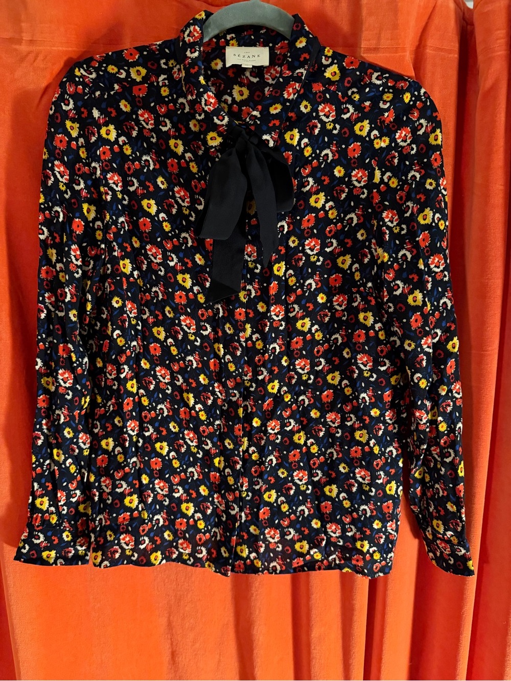 Sezane black Floral Bow-Tie silk Blouse with Red and Yellow Flowers